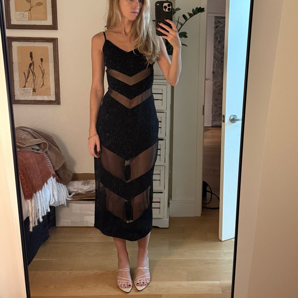 Cult Gaia Black Midi Dress with Sheer Panels
